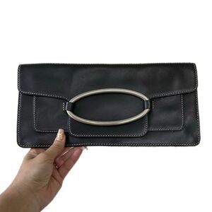 DKNY Genuine Black Leather Silver Tone Oval Metal Accent Sleek Clutch Bag
